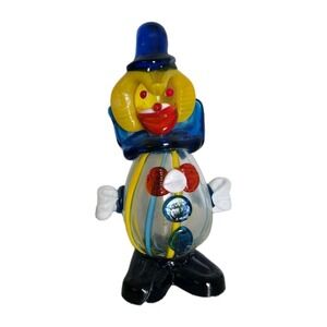 Murano Clown Blown Glass Vetreria Pitau Clear Striped Blue Yellow Red 6.5" *Flaw